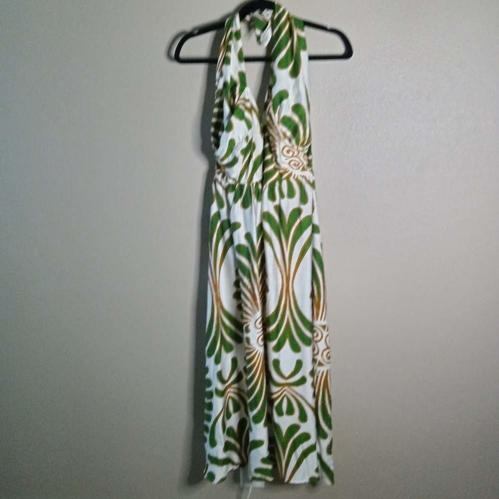 Aakaa Halter Maxi Dress Green & Brown Palm Print Spaghetti Straps Size S NWT